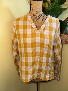 Pact Mustard and White Gingham V-Neck Blouse